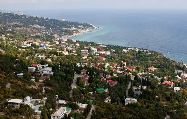 Город, фото, побережье, дома, сверху, Крым, Ялта