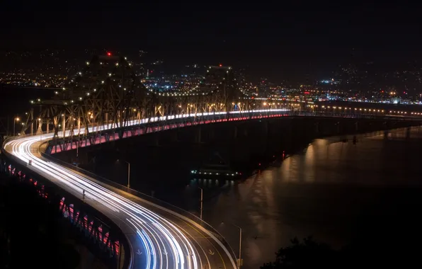 Картинка дорога, ночь, мост, огни, шоссе