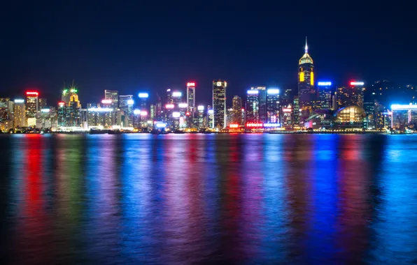 Море, ночь, огни, Гонконг, небоскребы, подсветка, Китай, мегаполис