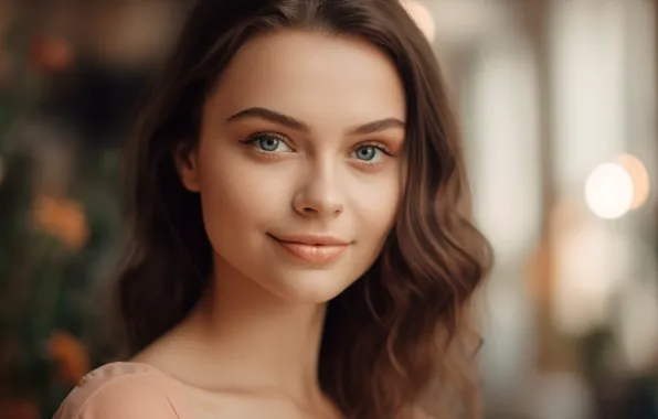 Взгляд, девушка, лицо, стрелки, портрет, шатенка, серые глаза, длинные волосы