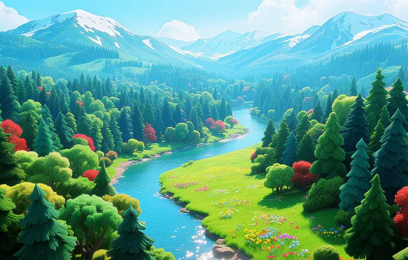 Картинка forest, river, landscape, art, mountains