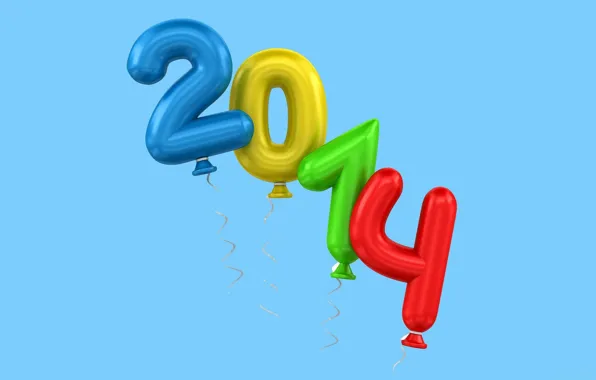 Праздник, цифры, новый год, 2014, воздушные шары, голубой фон