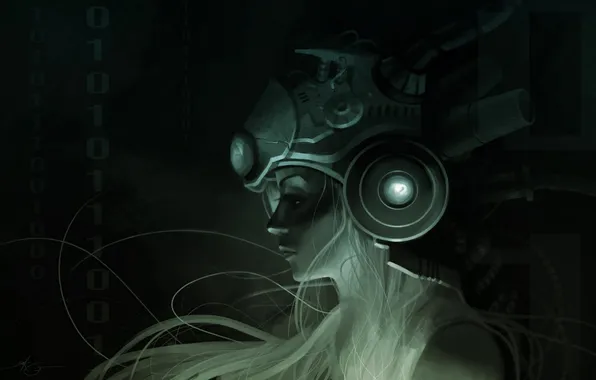 Картинка девушка, провода, темно, арт, шлем, профиль