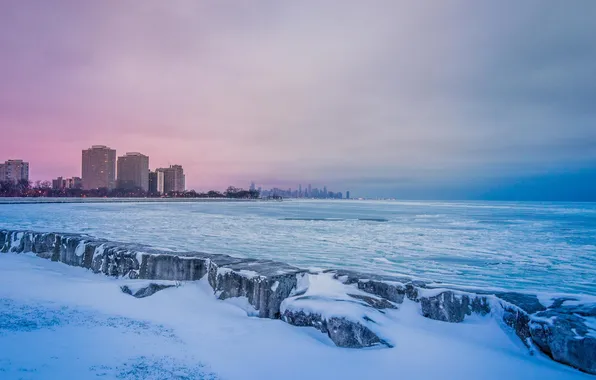 Картинка зима, снег, небоскребы, Чикаго, USA, Chicago, мегаполис, illinois