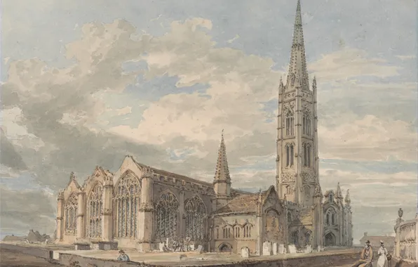 Пейзаж, башня, картина, акварель, церковь, Уильям Тёрнер, Lincolnshire, North East View of Grantham Church