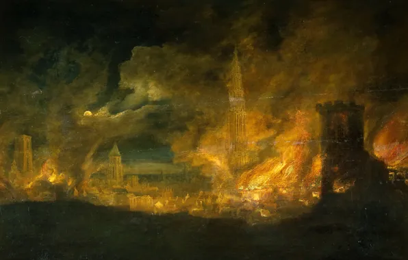 Картинка пейзаж, картина, зарево, Даниель ван Хейль, Пожар в Городе