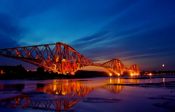 Закат, мост, город, огни, отражение, вечер, шотландия