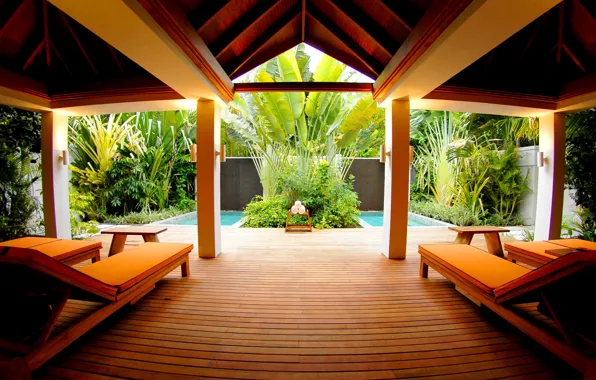 Бассейн, зелень., pool, лежаки, maldives, interior, столики