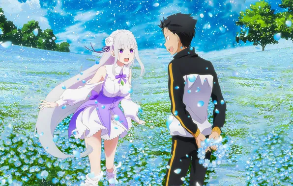 Девушка, цветы, луг, парень, венок, Субару, С нуля, Re: Zero Kara Hajimeru Isekai Seikatsu