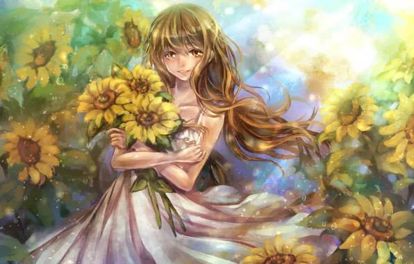 Картинка девушка, подсолнухи, цветы, улыбка, букет, art, tandolcedeco