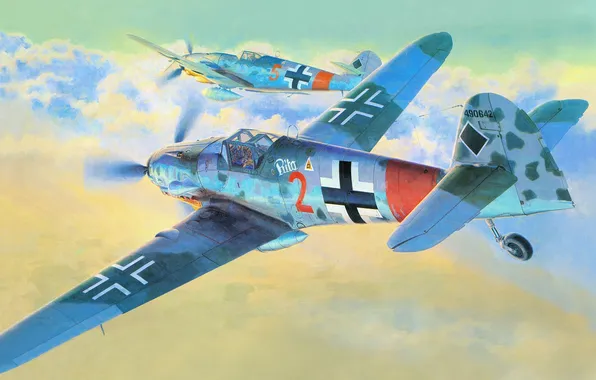 Картинка war, art, painting, drawing, ww2, german aircraft, bf 109, german fighter