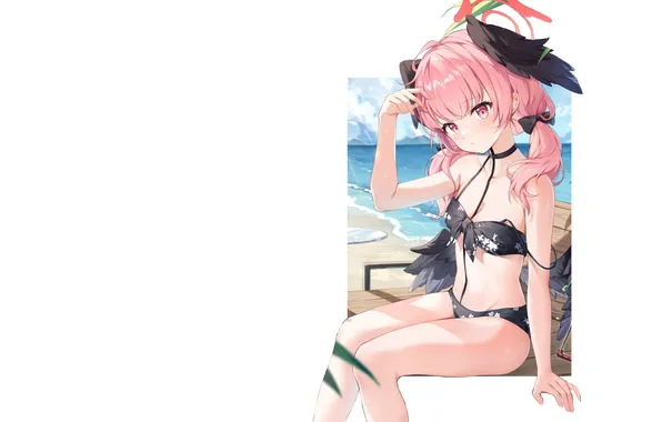 Kawaii, girl, beach, sky, anime, water, sand, seaside