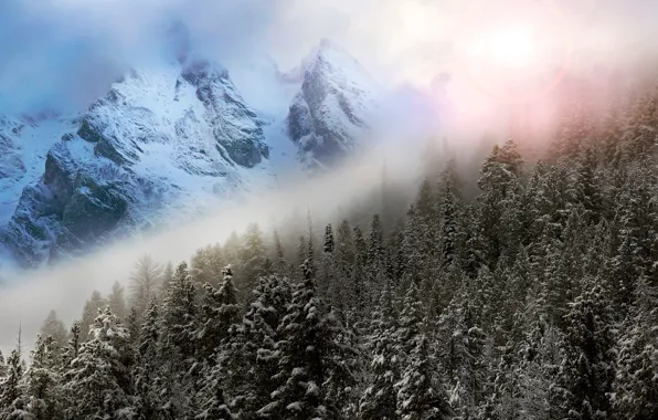 Картинка зима, небо, горы, туман, блики, фотошоп