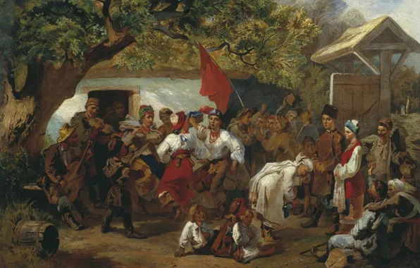 Картинка масло, деревня, Холст, Свадьба, 1860, красный флаг, Иван СОКОЛОВ
