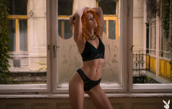 Playboy, Model, Redhead, Pose, Kate Ri, Black Underwear, At The Window