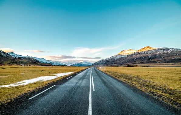 Картинка clear sky, road, sky, landscape, nature, mountains, snow, cyan