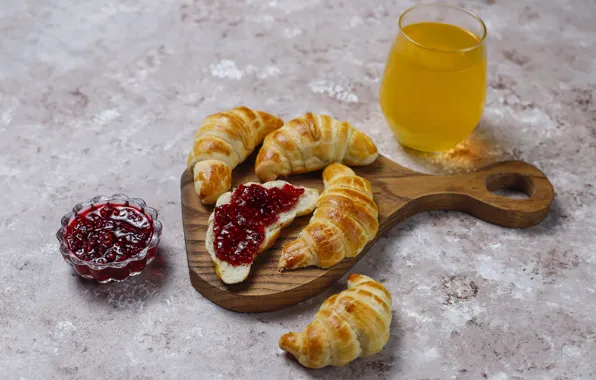 Стакан, сок, доска, выпечка, варенье, круассаны, тесто, рогалики