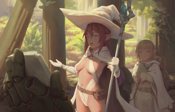 Sexy, forest, cleavage, green eyes, long hair, girls, hat, brown hair