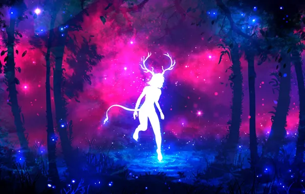 Картинка лес, фиолетовый, трава, вода, девушка, космос, звезды, деревья