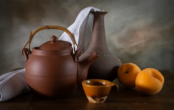 Чайник, кувшин, натюрморт, персики