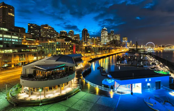 Ночь, небоскребы, канал, USA, Америка, мегаполис, Seattle, Houses