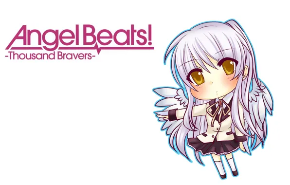 Чиби, школьная форма, Tenshi, желтые глаза, Kanade Tachibana, белые крылья, Ангельские Ритмы!, длинные белые волосы