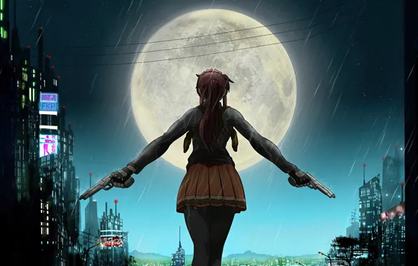 Дома, Ночь, Город, Луна, Дождь, City, Оружие, Moon