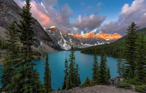 Картинка лес, закат, горы, природа, вечер, Канада, Canada, Озеро Морейн