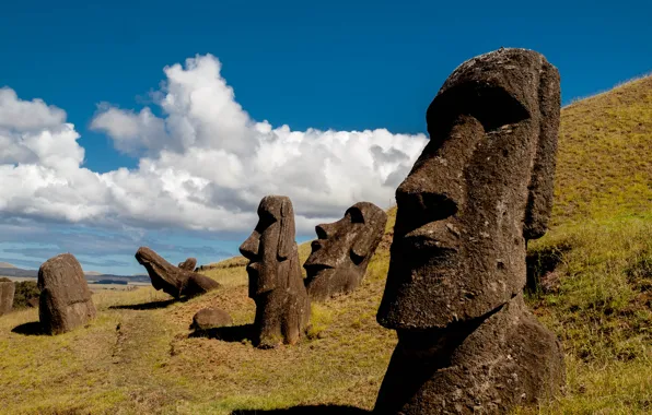 Картинка небо, склон, остров Пасхи, статуя, Чили, Рапа-Нуи, моаи