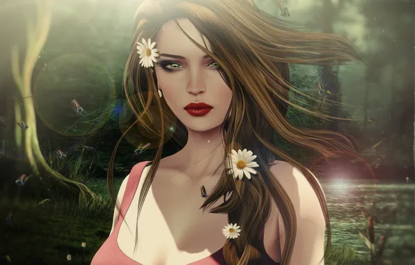 Картинка девушка, пейзаж, цветы, волосы, ромашки, шатенка