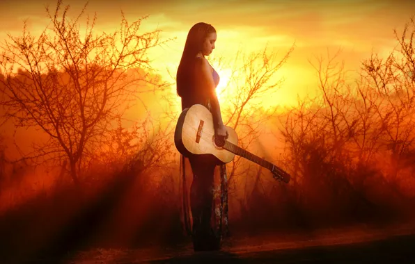 Картинка девушка, закат, гитара
