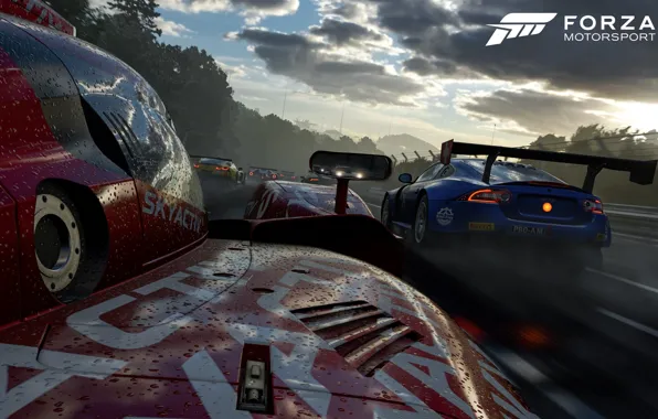 Car, rain, sky, cars, race, speed, asphalt, fast