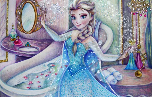 Девушка, рисунок, платье, Frozen, Disney, art, Elsa, Холодное сердце