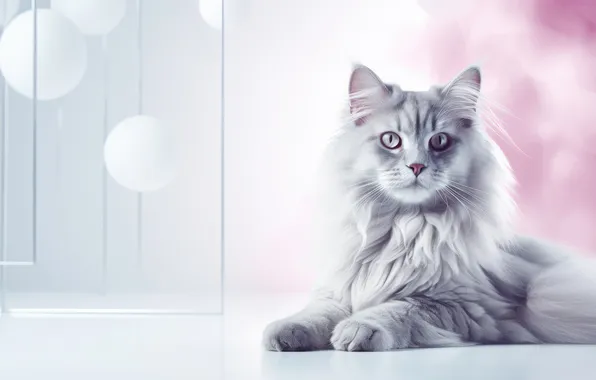 Кошка, кот, взгляд, поза, серый, пушистый, мордашка, светлый фон