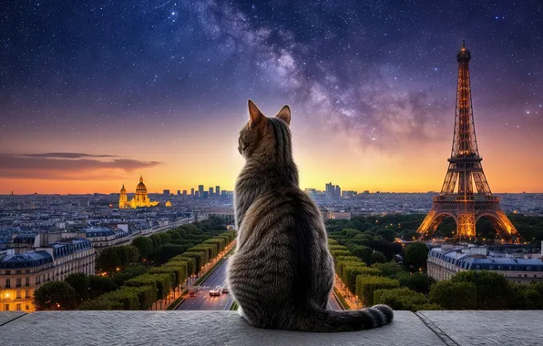Кошка, кот, ночь, город, огни, поза, серый, Франция