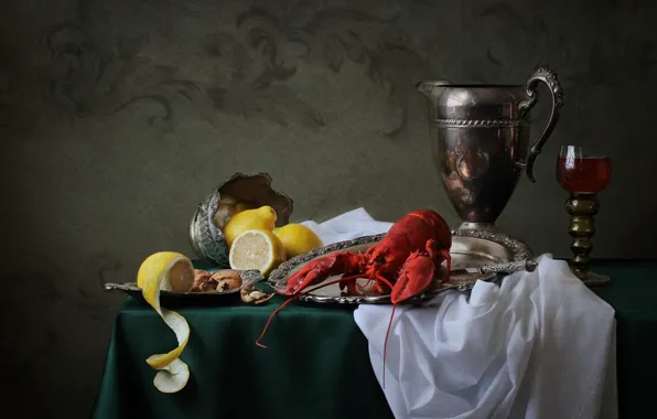Лимон, бокал, натюрморт, кубок, лобстер