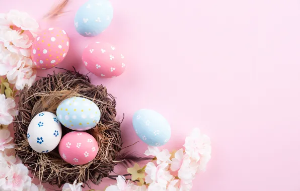 Цветы, яйца, весна, colorful, Пасха, happy, pink, flowers