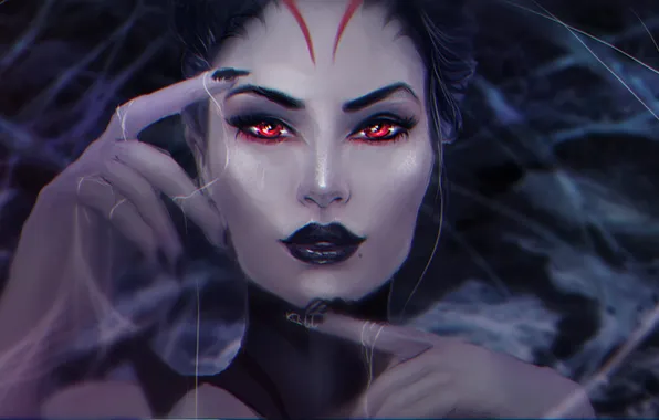 Картинка девушка, лицо, паутина, паук, руки, арт, красные глаза, League of Legends