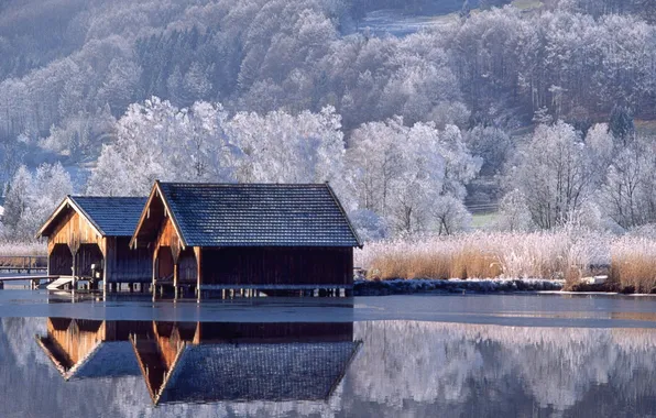 Картинка зима, озеро, берег, Германия, домик