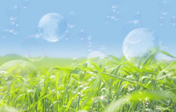 Картинка зелень, небо, трава, пузыри, мыло, мыльные