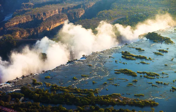 Картинка мост, река, обрыв, скалы, водопад, каньон, панорама, Victoria Falls