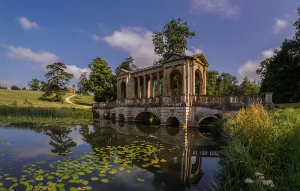 Картинка мост, река, ручей, Англия, беседка, Palladian Bridge, Бакингемшир, Stowe Park