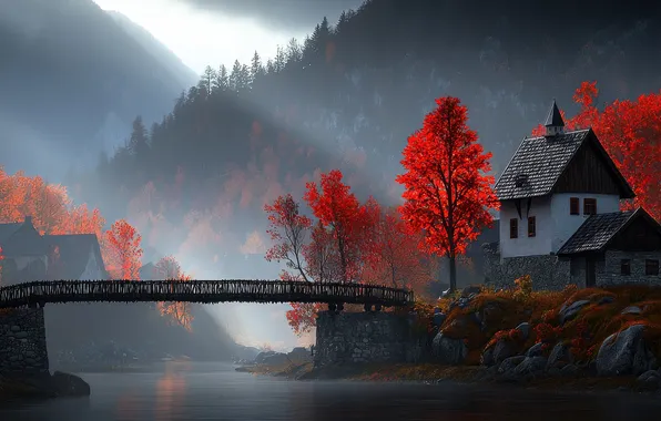 Осень, лес, свет, деревья, пейзаж, горы, природа, туман