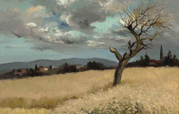 Картинка поле, облака, пейзаж, горы, дерево, дома, картина, Марсель Диф