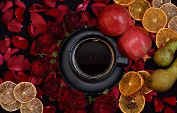 Картинка кофе, розы, чашка, фрукты