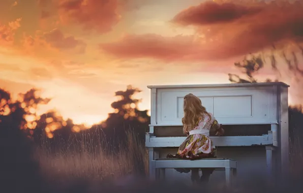 Картинка девочка, пианино, Sunset Piano