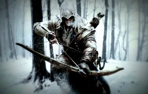 Картинка зима, снег, деревья, лук, капюшон, стрелы, Assassin`s Creed