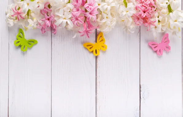 Бабочки, цветы, розовые, wood, pink, flowers, spring, гиацинты