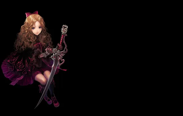 Картинка девушка, темный фон, меч, платье, бант, agasang