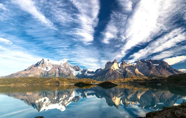 Вода, облака, горы, озеро, отражение, Чили, Patagonia
